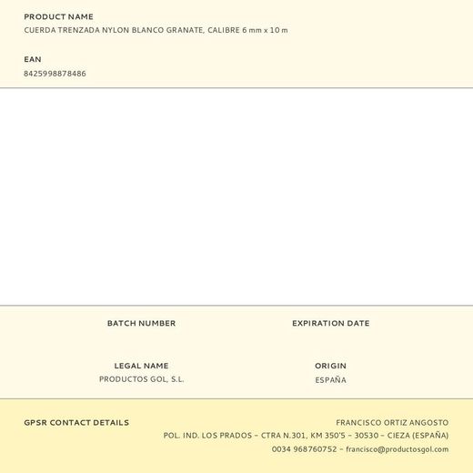 Cuerda Trenzada Nylon Blanco Granate, Calibre 6 Mm X 10 M