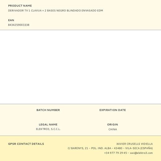 Derivador Tv 1 Clavija + 2 Bases Negro Blindado Envasado Edm