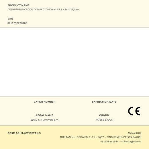 Deshumidificador Compacto 800 Ml 15,5 X 14 X 22,5 Cm