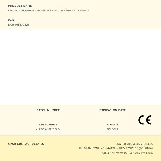 Difusor De Empotrar Redondo Ø125X47Mm Abs Blanco