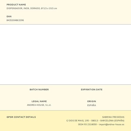 Dispensador, Inox, Dorado, Ø 5,5 X 19,5 Cm