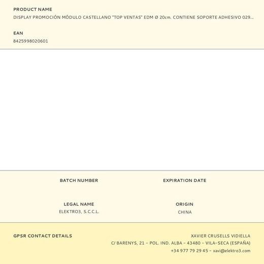 Display Promoción Módulo Castellano "Top Ventas" Edm Ø 20Cm. Contiene Soporte Adhesivo 02942.