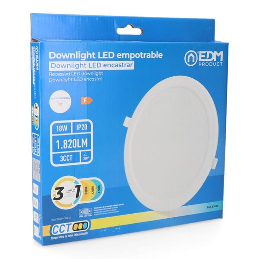 Downlight Led Empotrable, Redondo, 18 W, 3Cct, 1820 Lm, Marco Blanco, Ø22,3 Cm