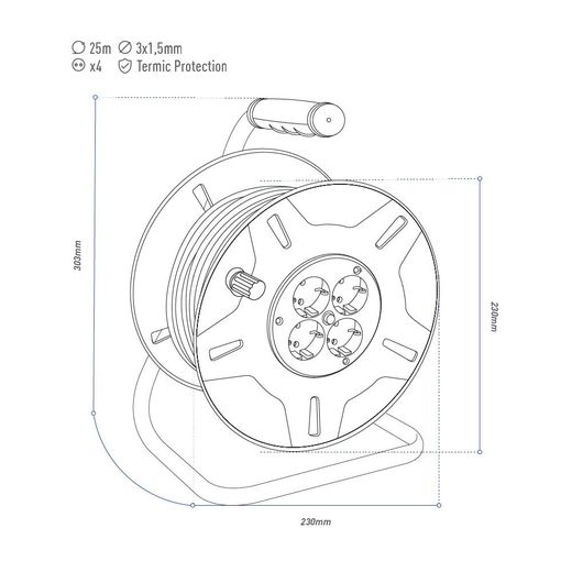 Enrollacables 25 M 3 G 1,50 Mm² 4 Tomas Bipolares Con T/Tl Con Protector Térmico