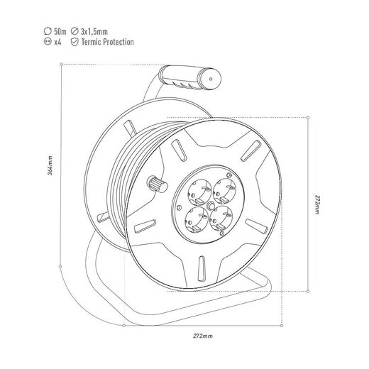 Enrollacables 50 M 3 G 1,50 Mm² 4 Tomas Bipolares Con T/Tl Con Protector Térmico