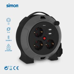Enrollacables Con 2 Usb A, 3 Tomas 2P+Tt Schuko, 16 A, 230 V~, H05Vv-F 3 G 1,5 Mm², 5 M, Negro/Gris