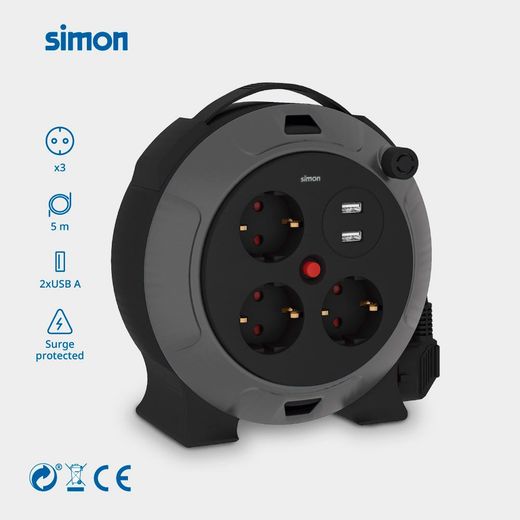 Enrollacables Con 2 Usb A, 3 Tomas 2P+Tt Schuko, 16 A, 230 V~, H05Vv-F 3 G 1,5 Mm², 5 M, Negro/Gris