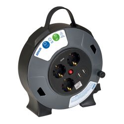 Enrollacables Con 2 Usb A, 3 Tomas 2P+Tt Schuko, 16 A, 230 V~, H05Vv-F 3 G 1,5 Mm², 5 M, Negro/Gris