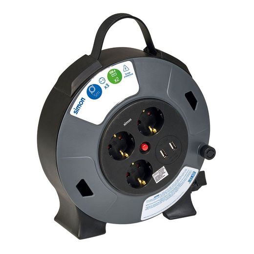 Enrollacables Con 2 Usb A, 3 Tomas 2P+Tt Schuko, 16 A, 230 V~, H05Vv-F 3 G 1,5 Mm², 5 M, Negro/Gris