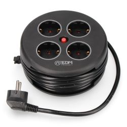 Enrollacables Con 4 Tomas 2P+T Schuko, Con Protección, 16 A 250 V, Cable H05Vv-F 3G1,5Mm² De 5 M, Negro