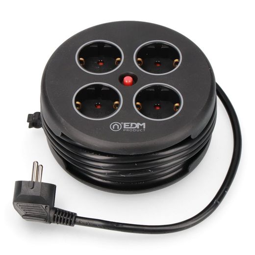 Enrollacables Con 4 Tomas 2P+T Schuko, Con Protección, 16 A 250 V, Cable H05Vv-F 3G1,5Mm² De 5 M, Negro