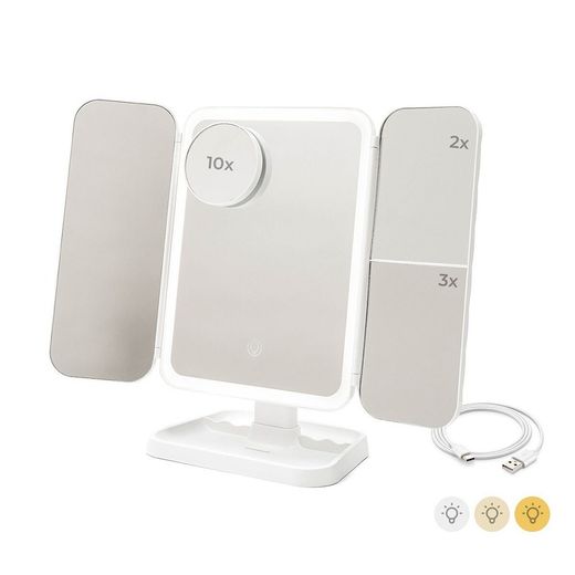 Espejo Tríptico Plegable De Sobremesa Con Aumento Y Luz Led Recargable