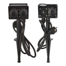 Base Múltiple, 2 Uds, 2 Tomas Schuko Estaca Jardin, Con Tapas, Ip44, Negra