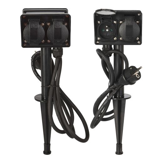 Base Múltiple, 2 Uds, 2 Tomas Schuko Estaca Jardin, Con Tapas, Ip44, Negra