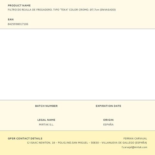 Filtro De Rejilla De Fregadero. Tipo "Teka" Color Cromo. Ø7,7Cm (Envasado)