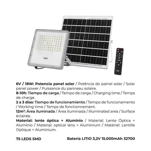 Foco Proyector Led Solar 200 W 1500 Lm 6500 K Luz Fría
