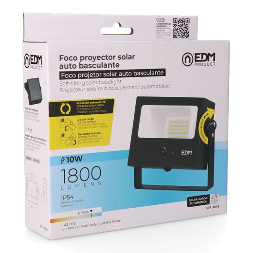 Foco Proyector Solar Auto Basculante, 10 W, 1800 Lm, 6500 K, Con Sensor Movimiento, Negro