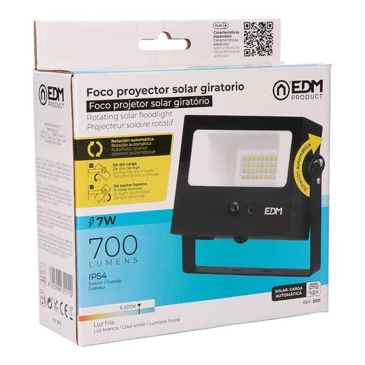 Foco Proyector Solar Auto Basculante, 7 W, 700 Lm, 6500 K, Con Sensor Movimiento, Negro