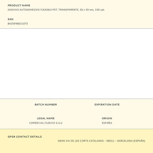 Gancho Autoadhesivo Flexible Pet, Transparente, 50 X 50 Mm, 100 Uds