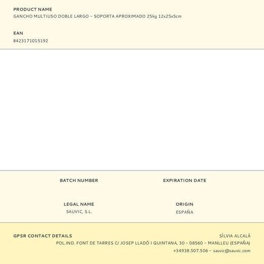 Gancho Multiuso Doble Largo - Soporta Aproximado 25Kg 12X25X5Cm