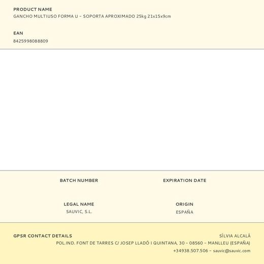 Gancho Multiuso Forma U - Soporta Aproximado 25Kg 21X15X9Cm