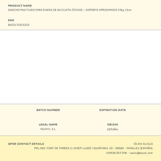 Gancho Multiuso Para Rueda De Bicicleta (Techo) - Soporta Aproximado 25Kg 13Cm