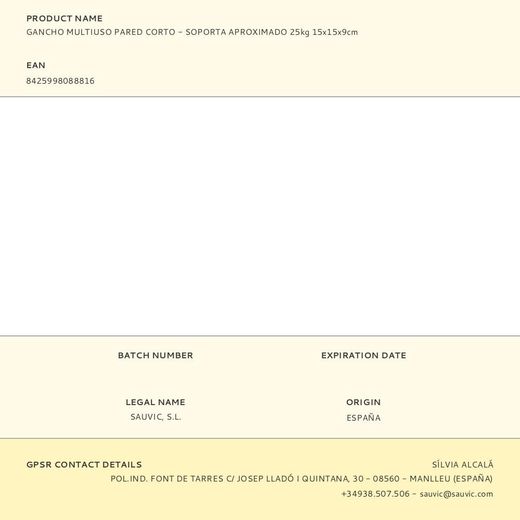 Gancho Multiuso Pared Corto - Soporta Aproximado 25Kg 15X15X9Cm