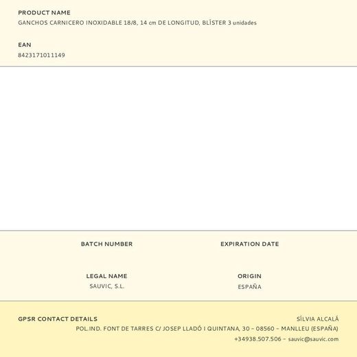 Ganchos Carnicero Inoxidable 18/8, 14 Cm De Longitud, Blíster 3 Unidades