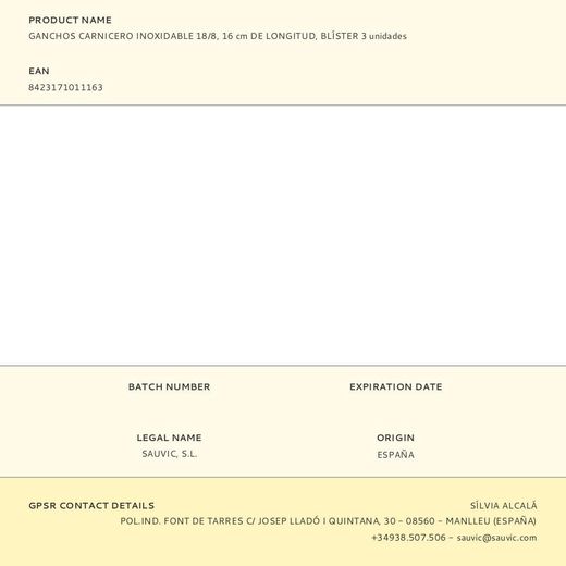 Ganchos Carnicero Inoxidable 18/8, 16 Cm De Longitud, Blíster 3 Unidades