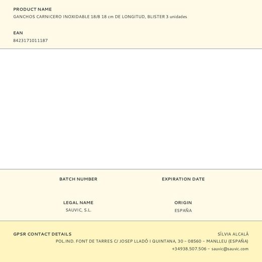 Ganchos Carnicero Inoxidable 18/8 18 Cm De Longitud, Blister 3 Unidades