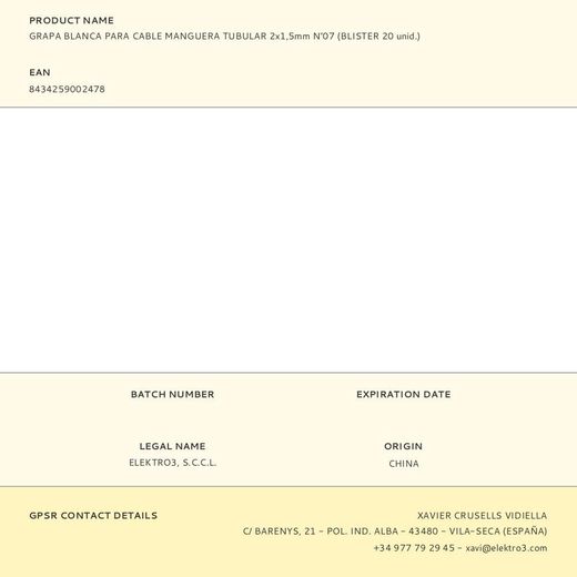 Grapa Para Cable Manguera Tubular 2 X 1,5 Mm N°07, Blanca, Blister 20 Uds