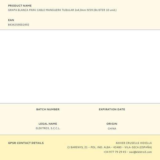 Grapa Para Cable Manguera Tubular 2 X 4,0 Mm N°09, Blanca, Blister 10 Uds