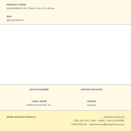 Guardarropa N°1 Traje, 5 Uds, 65 X 100 Cm