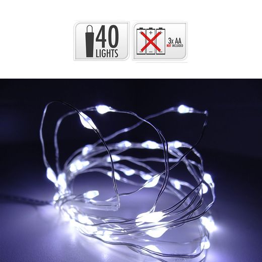 Guirnalda A Pilas, Función Fija, Uso Interior, Blanco Frío, Cable Alambre Plateado, 40 Leds, 195 Cm