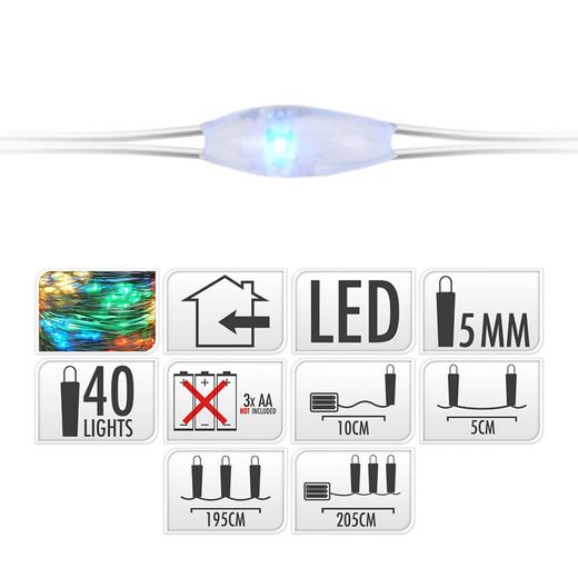 Guirnalda A Pilas, Función Fija, Uso Interior, Multicolor, Cable Alambre Plateado, 40 Leds, 195 Cm