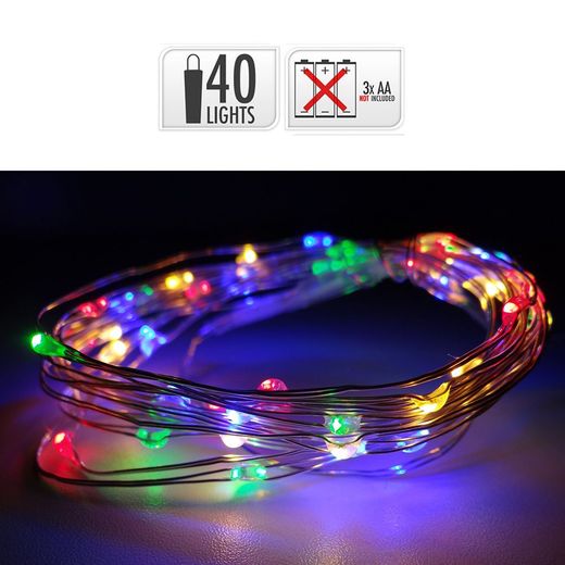 Guirnalda A Pilas, Función Fija, Uso Interior, Multicolor, Cable Alambre Plateado, 40 Leds, 195 Cm