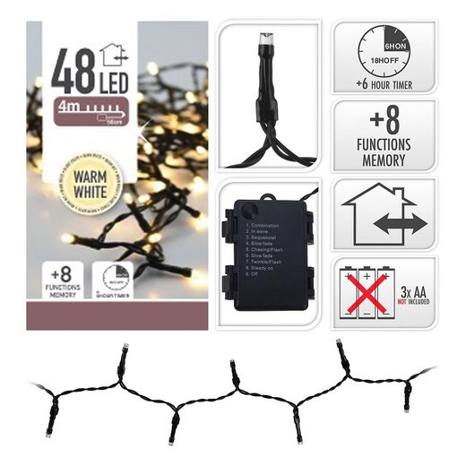 Guirnalda A Pilas, Multifunción, Uso Exterior, Blanco Cálido, Cable Negro, 48 Leds, 4 M