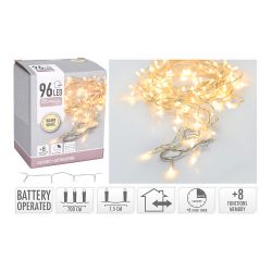 Guirnalda A Pilas, Multifunción, Uso Exterior, Blanco Cálido, Cable Transparente, 96 Leds, 7,50 M