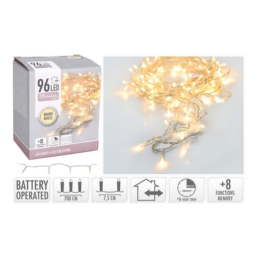 Guirnalda A Pilas, Multifunción, Uso Exterior, Blanco Cálido, Cable Transparente, 96 Leds, 7,50 M