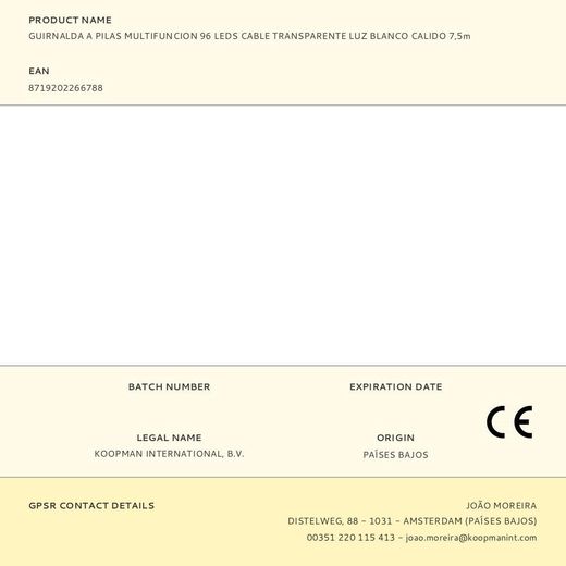 Guirnalda A Pilas, Multifunción, Uso Exterior, Blanco Cálido, Cable Transparente, 96 Leds, 7,50 M