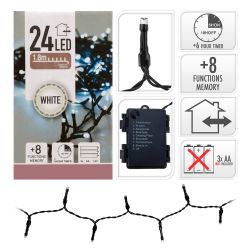 Guirnalda A Pilas, Multifunción, Uso Exterior, Blanco Frío, Cable Negro, 24 Leds, 2,30 M