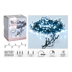 Guirnalda A Pilas, Multifunción, Uso Exterior, Blanco Frío, Cable Negro, 96 Leds, 7,50 M