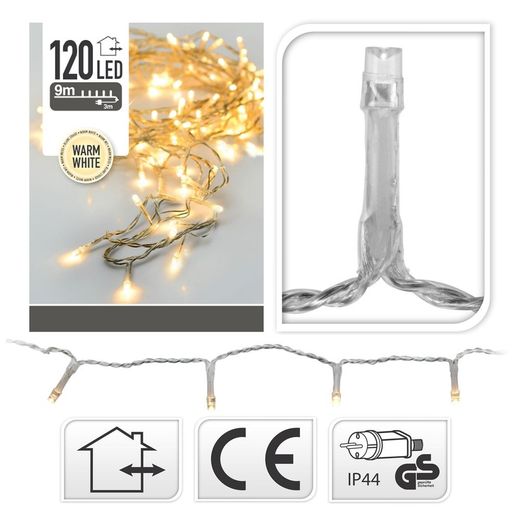 Guirnalda Con Función Fija, Uso Exterior, Blanco Cálido, Cable Transparente, 120 Leds, 9 M