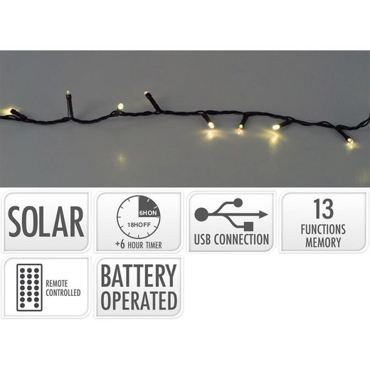 Guirnalda Led Solar 240 Leds 13 Funciones Parpadeante Exterior Blanco Cálido Cable Verde 10 M