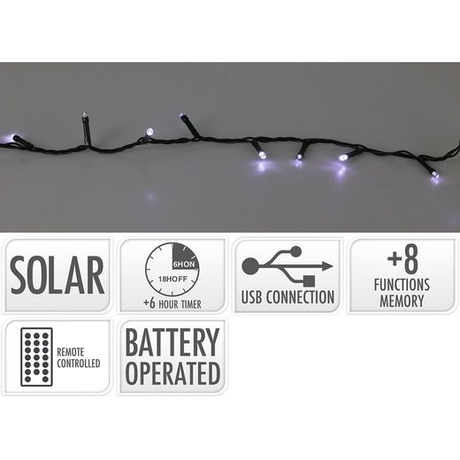 Guirnalda Led Solar 240 Leds 13 Funciones Parpadeante Exterior Blanco Frio Cable Verde 10 M