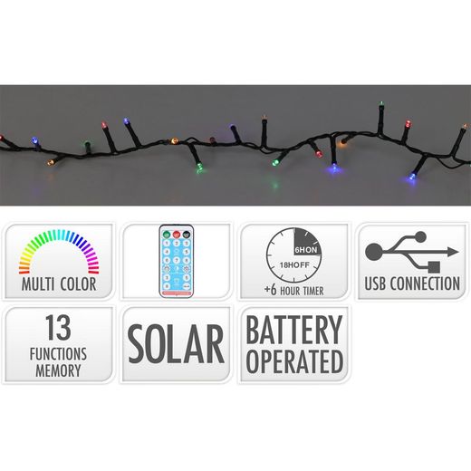 Guirnalda Led Solar 480 Leds 13 Funciones Parpadeante Exterior Multicolor Cable Verde 20 M