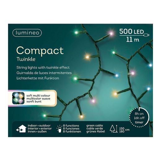 Guirnalda Multifunción, Uso Exterior, Led Compact, Multicolor Pastel, Cable Verde, 500 Leds, 16 M