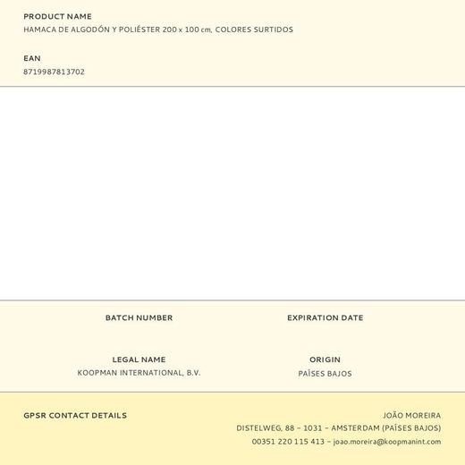 Hamaca De Algodón Y Poliéster 100 X 200 Cm, Colores Surtidos