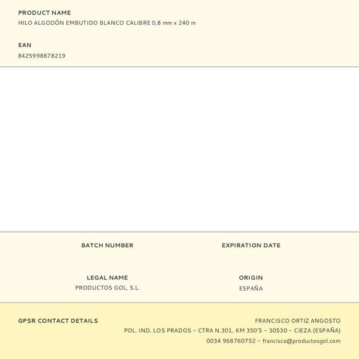 Hilo Algodón Embutido Blanco Calibre 0,8 Mm X 240 M
