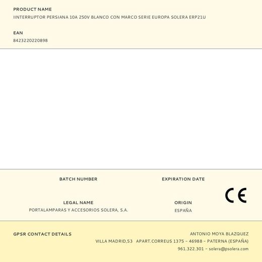 Iinterruptor Persiana 10A 250V Blanco Con Marco Serie Europa Solera Erp21U